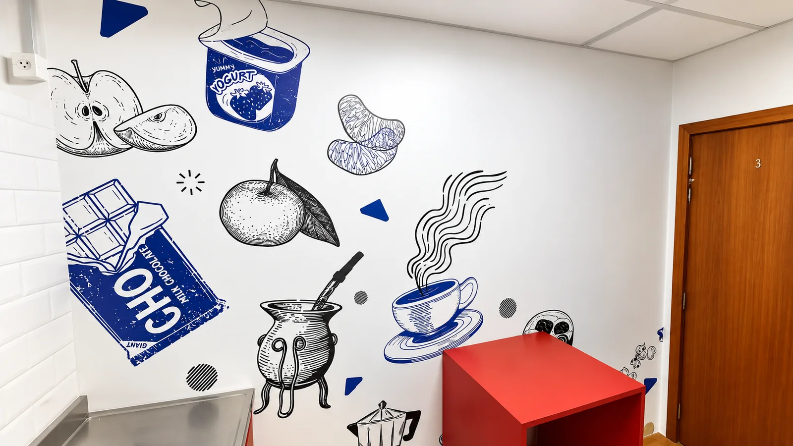 Adesivo decorativo aplicado em parede corporativa
