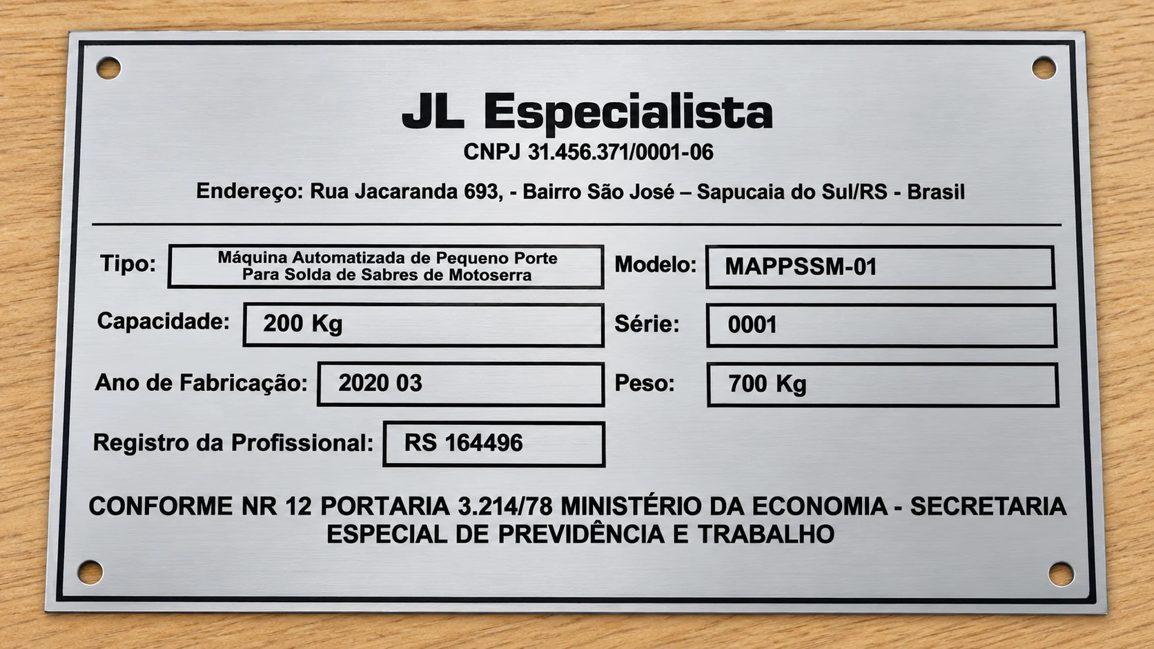 Placa de identificação industrial JL Especialista