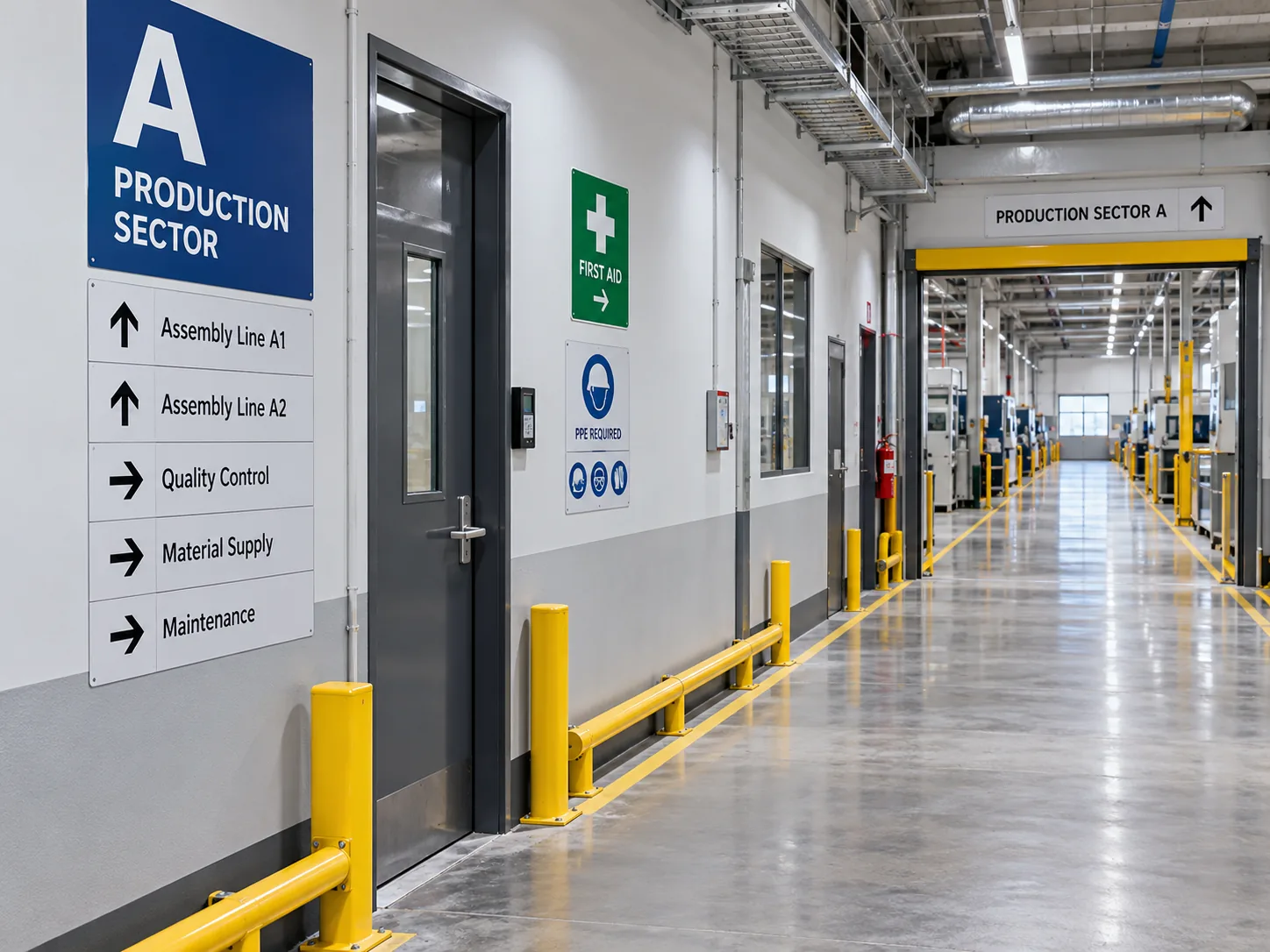 Corredor industrial com sinalização e identificação de setores